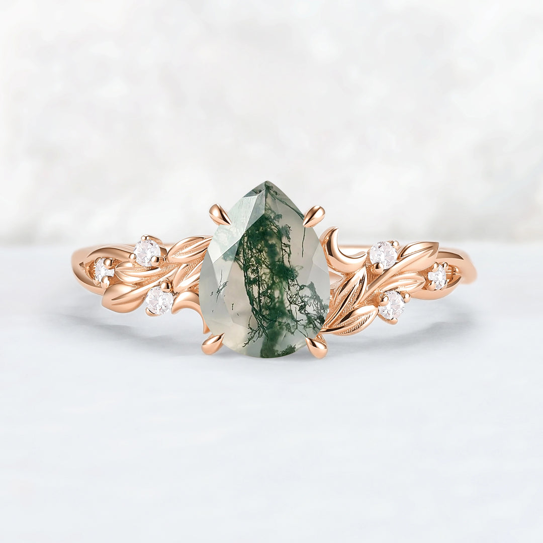 Unique Pear Cut Moss Agate Moon Style Gemstone Ring