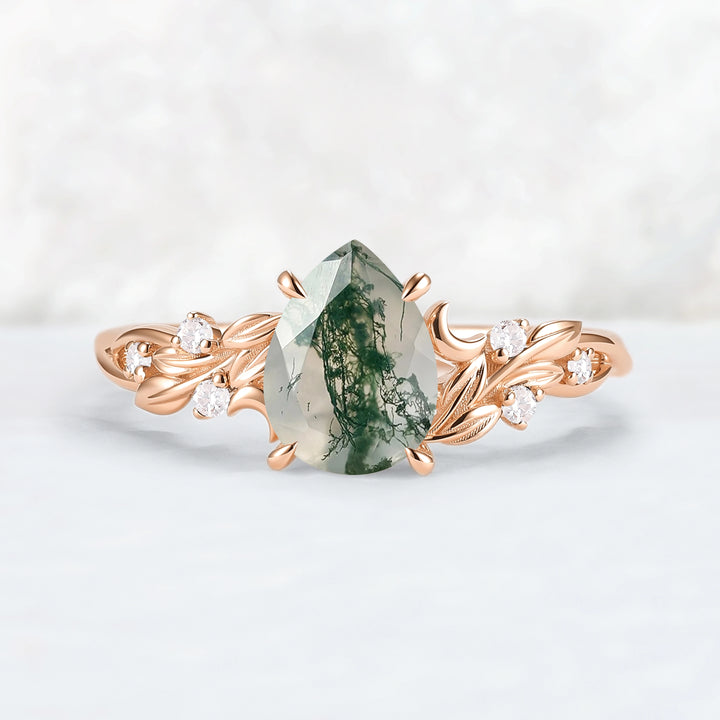 Unique Pear Cut Moss Agate Moon Style Gemstone Ring