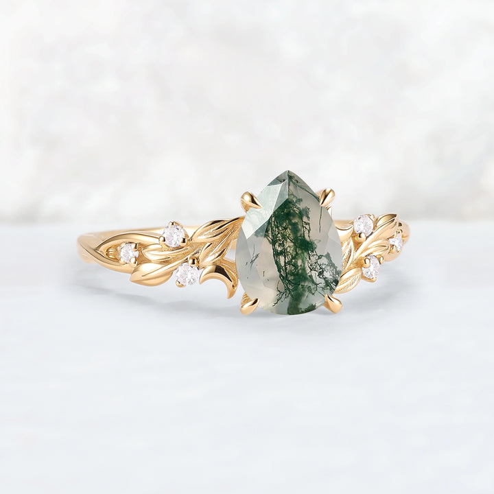 Unique Pear Cut Moss Agate Moon Style Gemstone Ring
