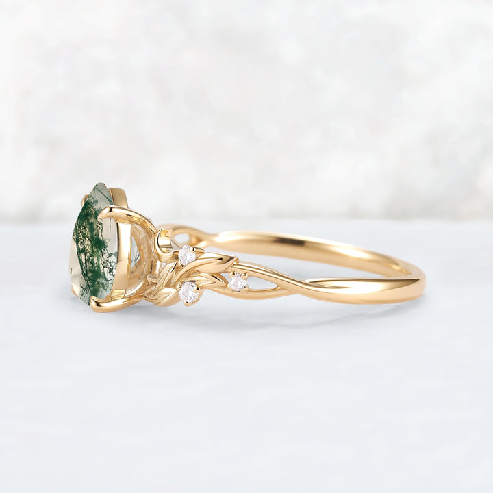 Unique Pear Cut Moss Agate Moon Style Gemstone Ring