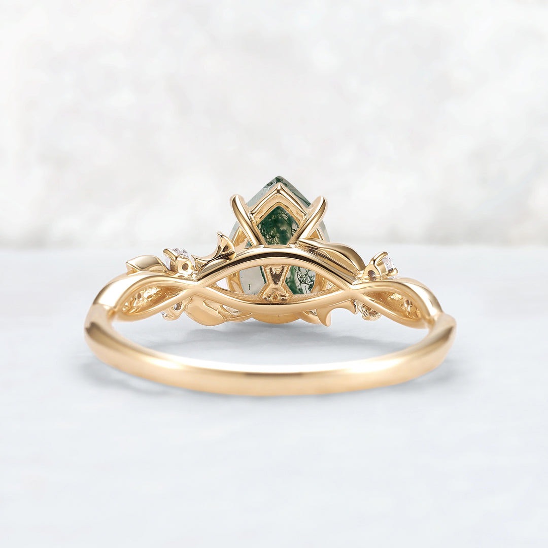 Unique Pear Cut Moss Agate Moon Style Gemstone Ring