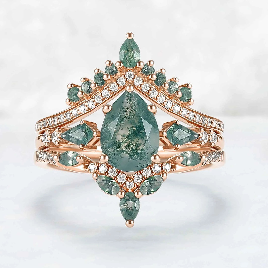 Unique Pear Cut Moss Agate Tree Shaped Engagement Ring Set 3pcs