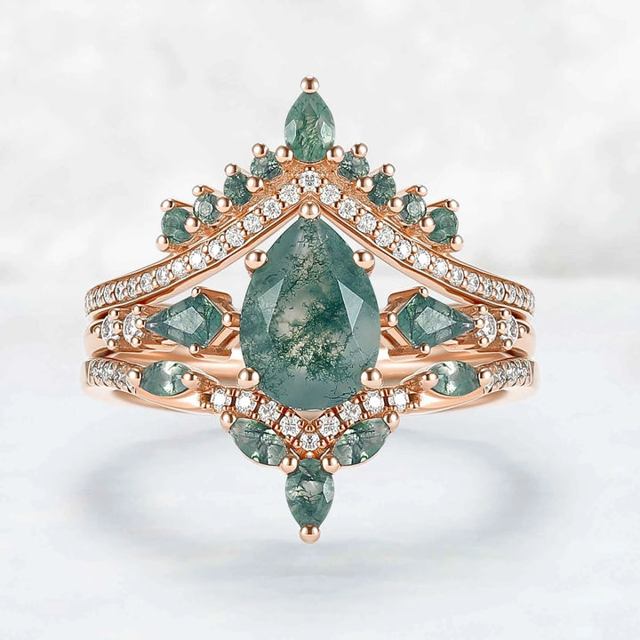 Unique Pear Cut Moss Agate Tree Shaped Engagement Ring Set 3pcs