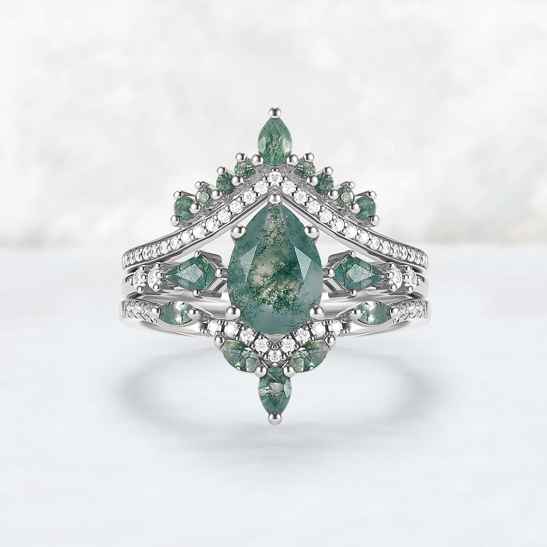 Unique Pear Cut Moss Agate Tree Shaped Engagement Ring Set 3pcs