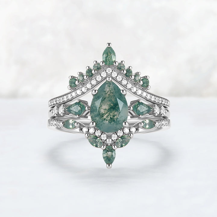 Unique Pear Cut Moss Agate Tree Shaped Engagement Ring Set 3pcs
