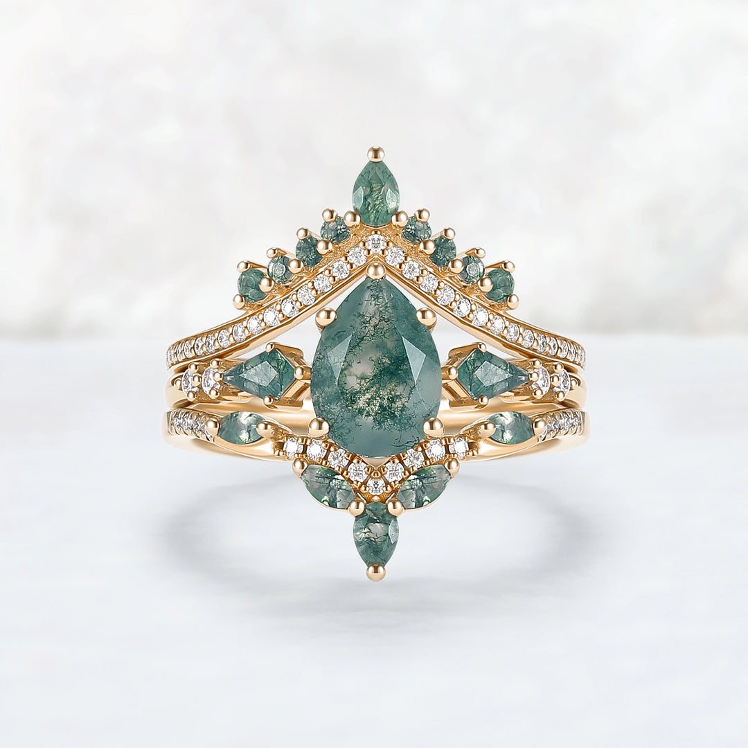 Unique Pear Cut Moss Agate Tree Shaped Engagement Ring Set 3pcs