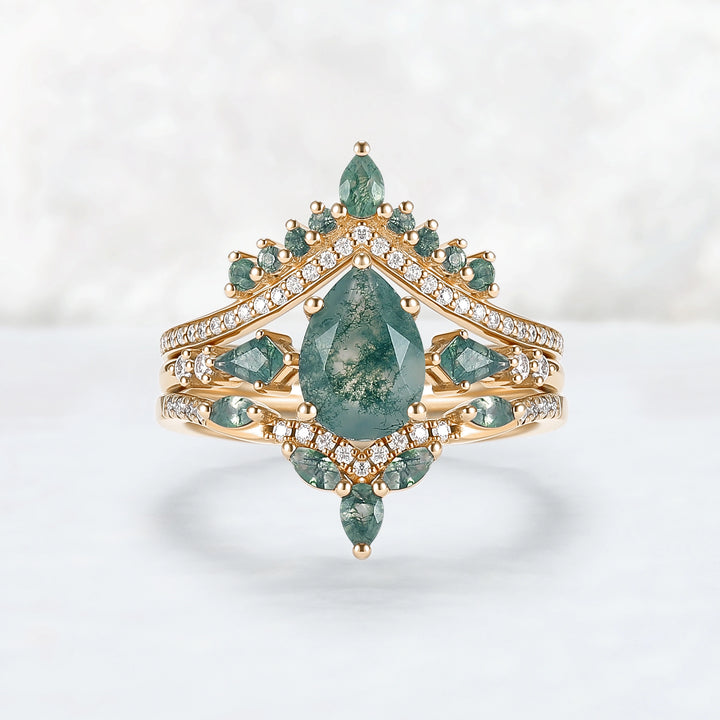 Unique Pear Cut Moss Agate Tree Shaped Engagement Ring Set 3pcs