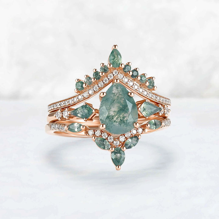 Unique Pear Cut Moss Agate Tree Shaped Engagement Ring Set 3pcs