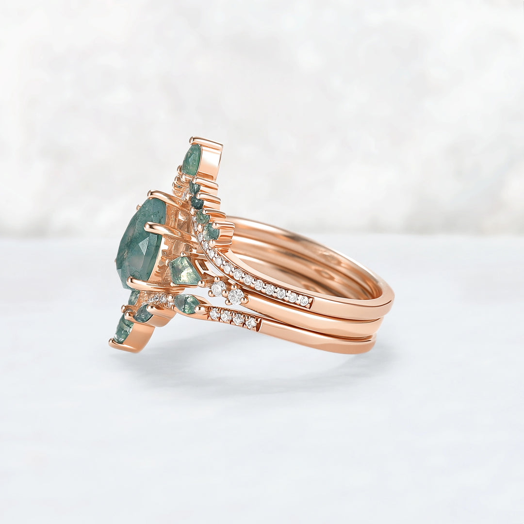 Unique Pear Cut Moss Agate Tree Shaped Engagement Ring Set 3pcs