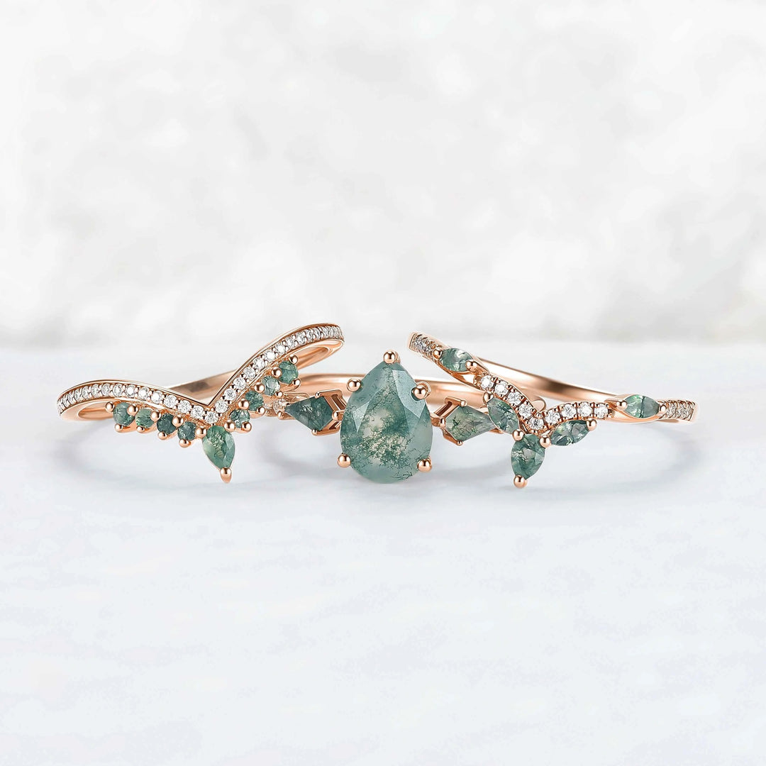 Unique Pear Cut Moss Agate Tree Shaped Engagement Ring Set 3pcs