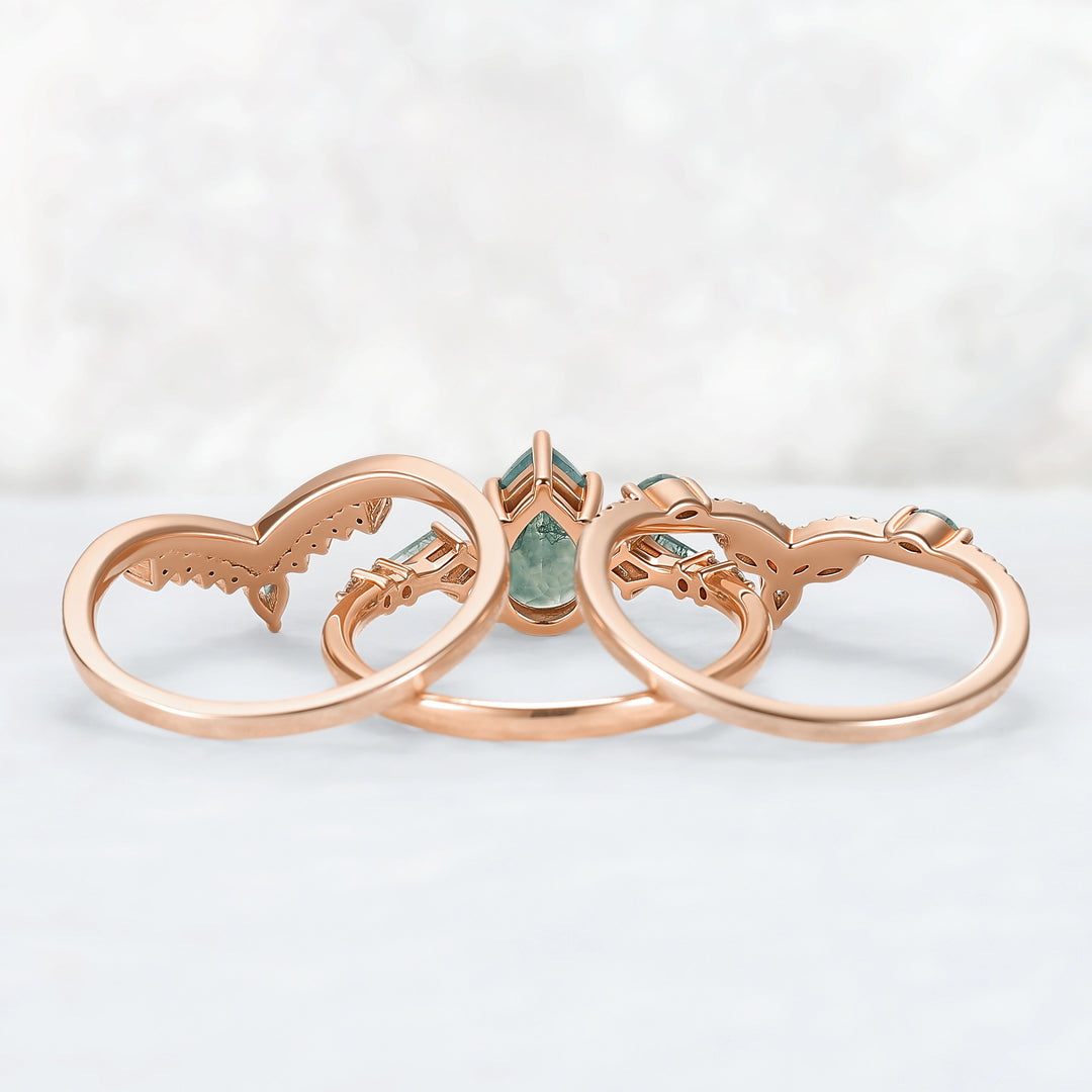 Unique Pear Cut Moss Agate Tree Shaped Engagement Ring Set 3pcs