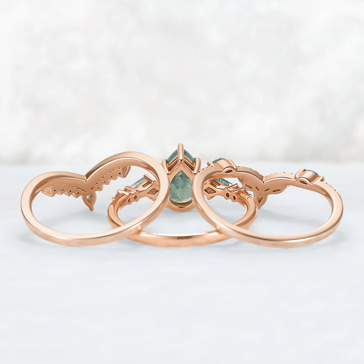 Unique Pear Cut Moss Agate Tree Shaped Engagement Ring Set 3pcs