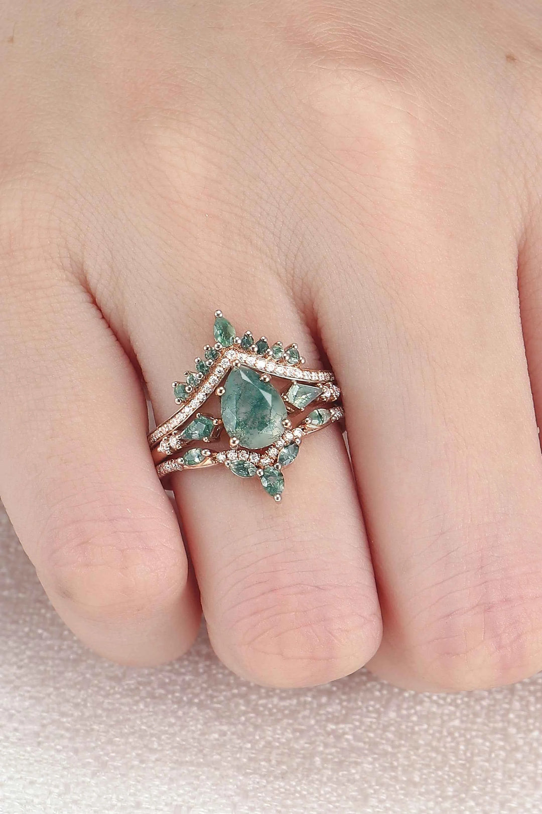 Unique Pear Cut Moss Agate Tree Shaped Engagement Ring Set 3pcs