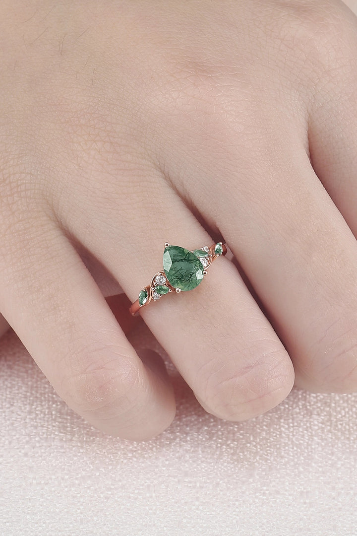 Unique Pear Cut Moss Agate Twisted Gemstone Ring