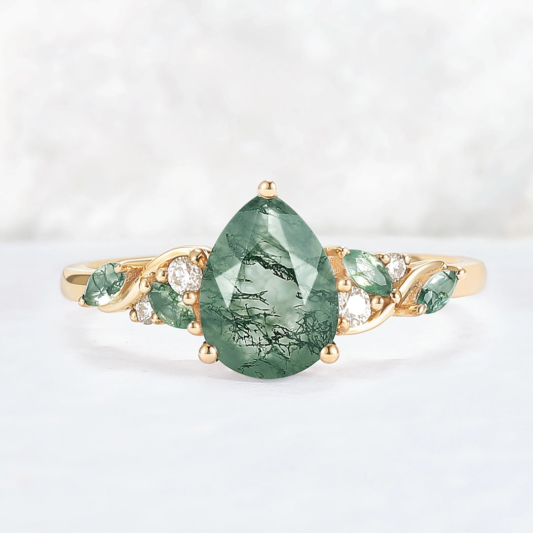 Unique Pear Cut Moss Agate Twisted Gemstone Ring