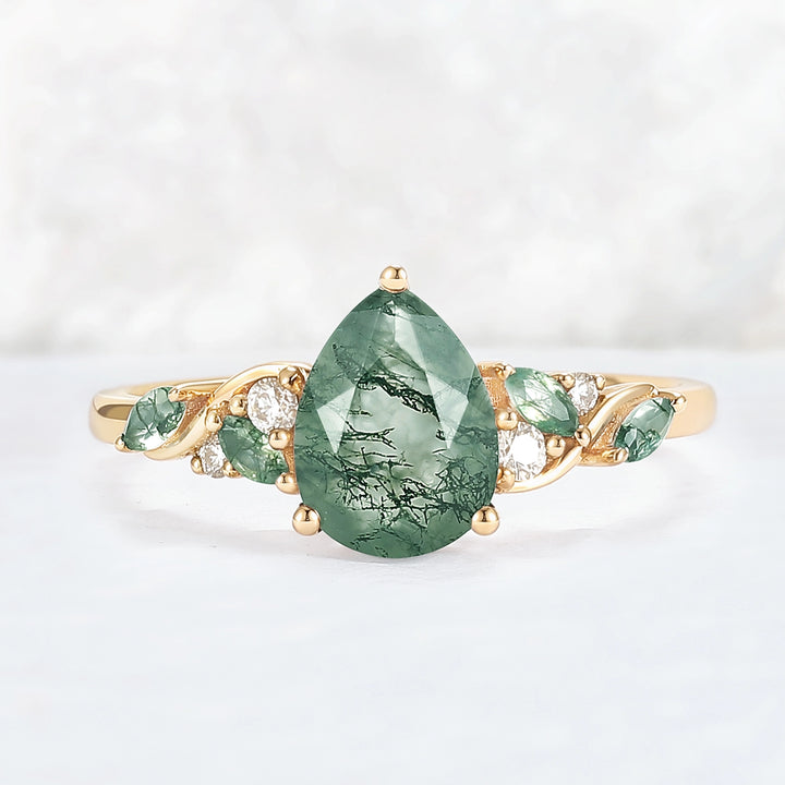 Unique Pear Cut Moss Agate Twisted Gemstone Ring