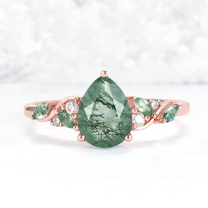 Unique Pear Cut Moss Agate Twisted Gemstone Ring