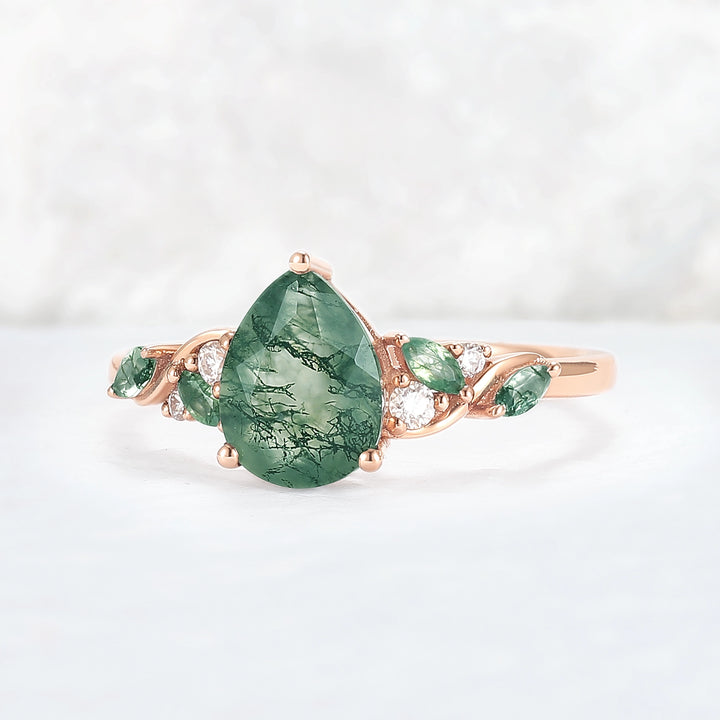 Unique Pear Cut Moss Agate Twisted Gemstone Ring