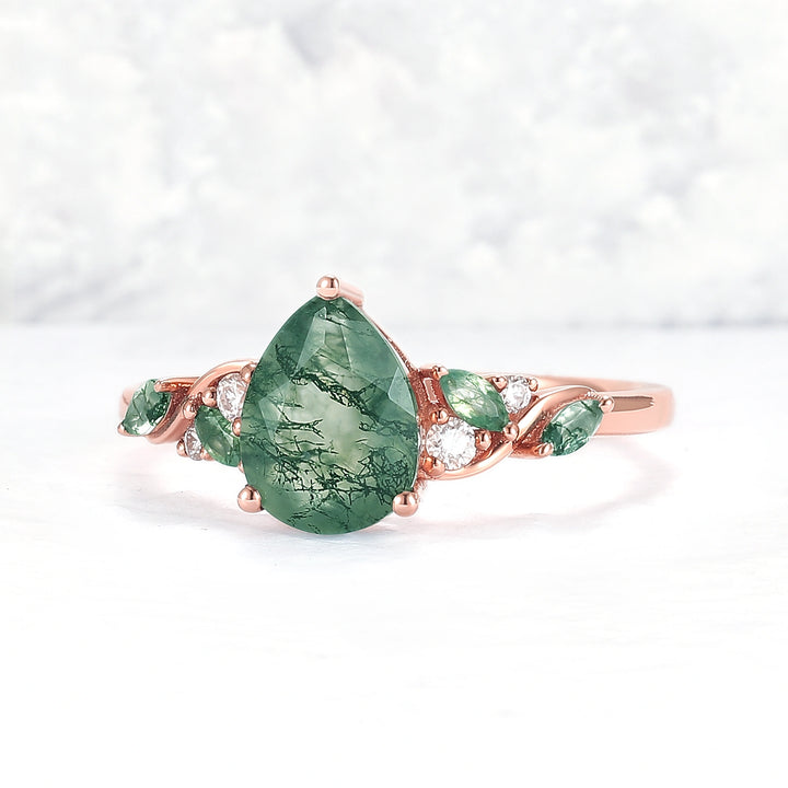 Unique Pear Cut Moss Agate Twisted Gemstone Ring