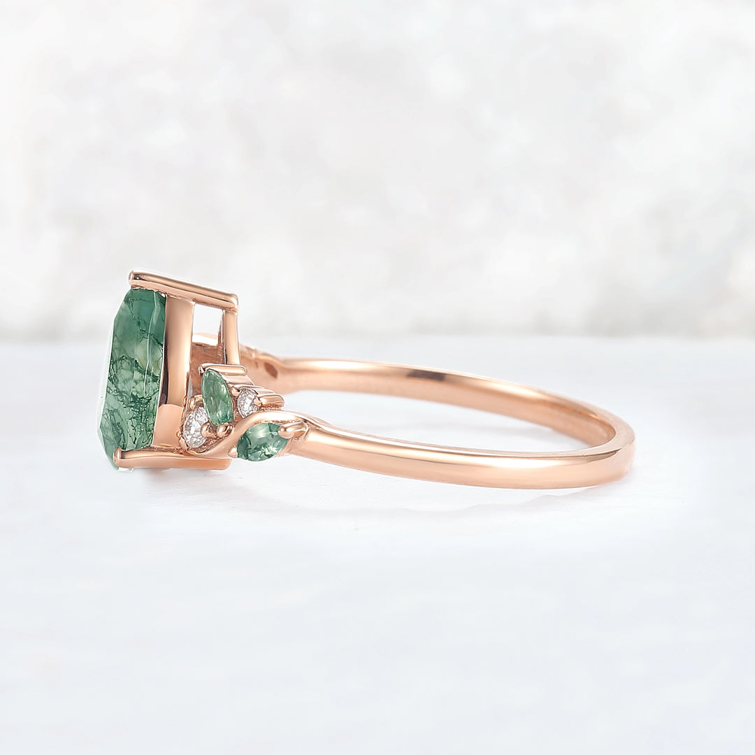 Unique Pear Cut Moss Agate Twisted Gemstone Ring