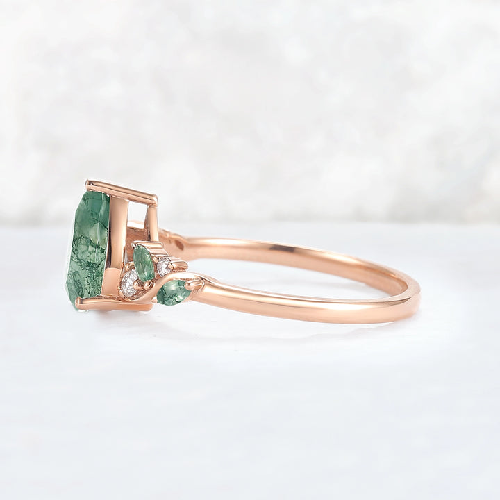 Unique Pear Cut Moss Agate Twisted Gemstone Ring