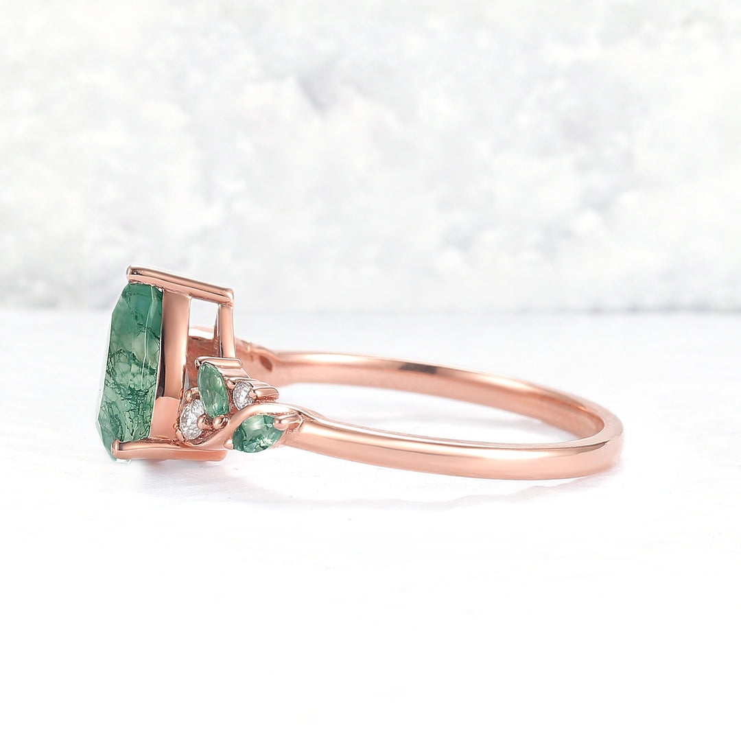 Unique Pear Cut Moss Agate Twisted Gemstone Ring