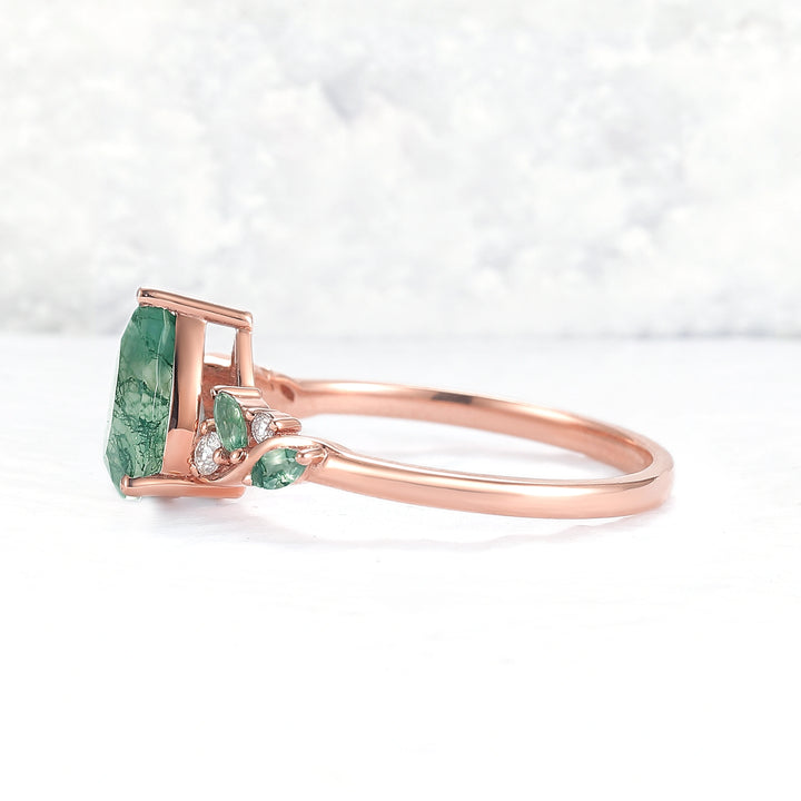 Unique Pear Cut Moss Agate Twisted Gemstone Ring
