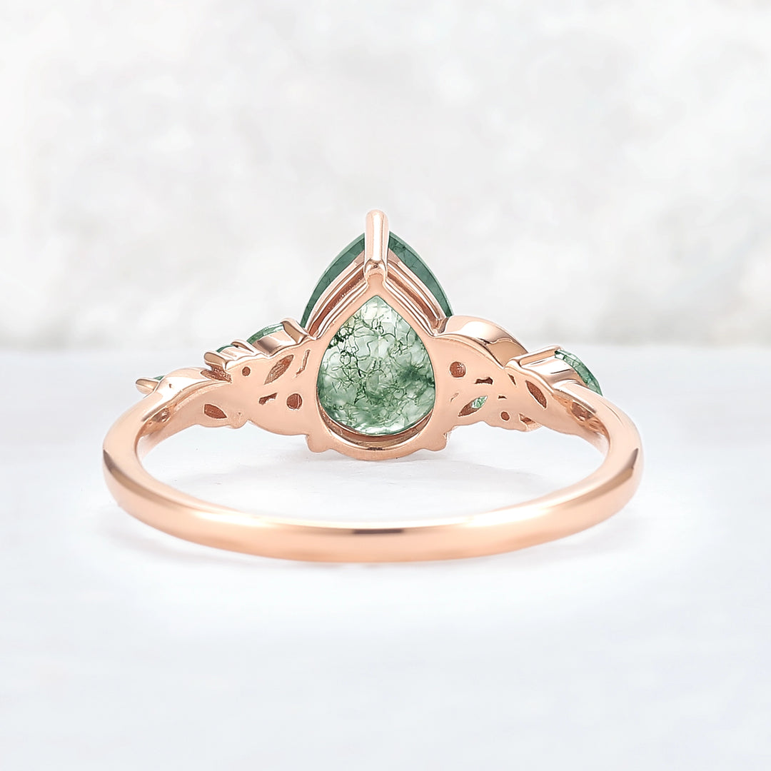 Unique Pear Cut Moss Agate Twisted Gemstone Ring