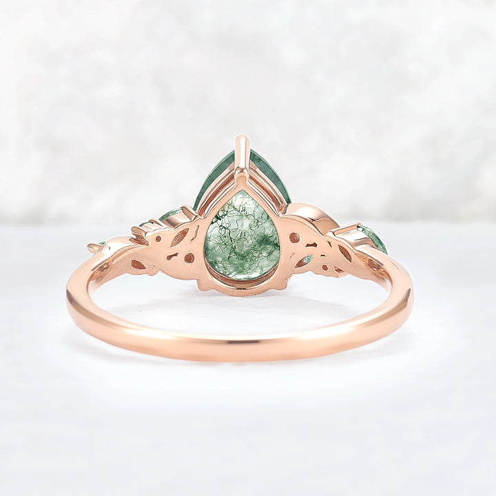 Unique Pear Cut Moss Agate Twisted Gemstone Ring