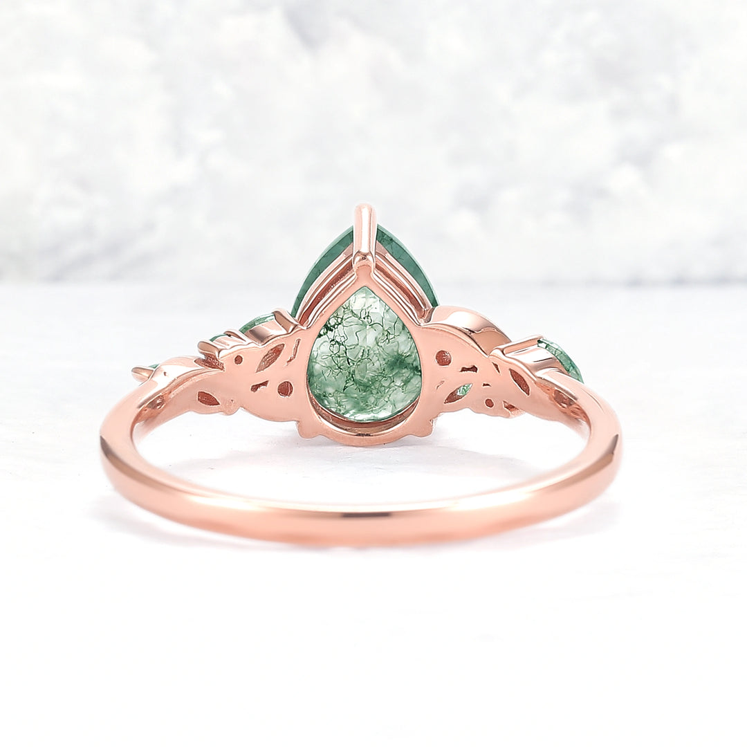 Unique Pear Cut Moss Agate Twisted Gemstone Ring