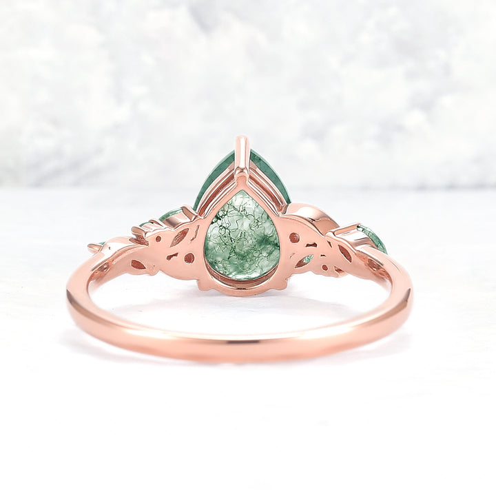Unique Pear Cut Moss Agate Twisted Gemstone Ring