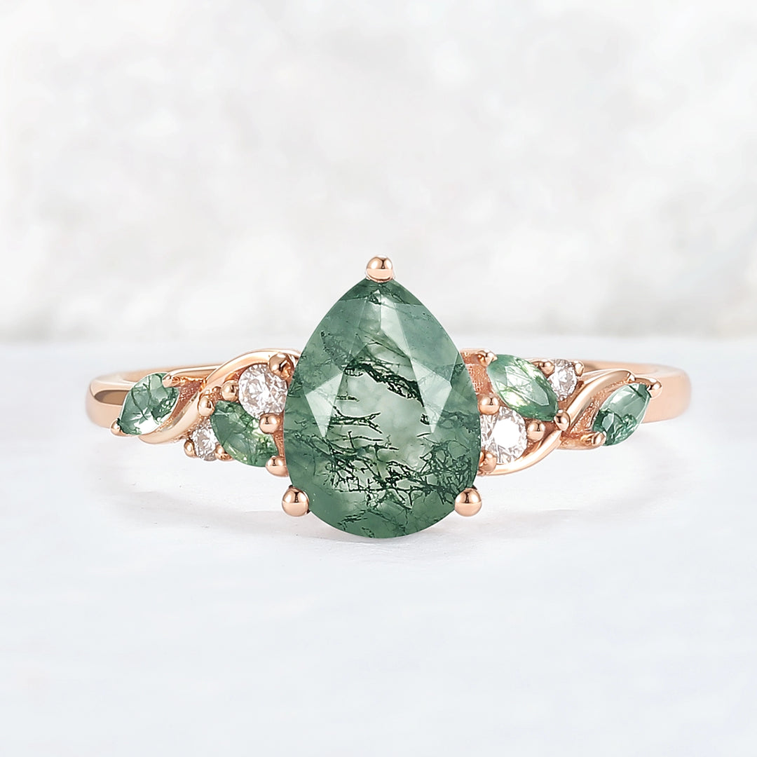 Unique Pear Cut Moss Agate Twisted Gemstone Ring