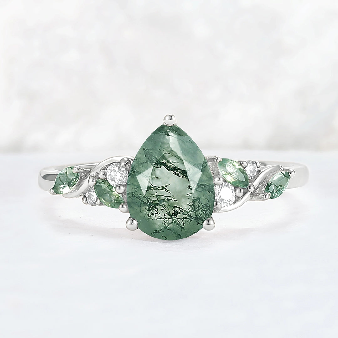 Unique Pear Cut Moss Agate Twisted Gemstone Ring