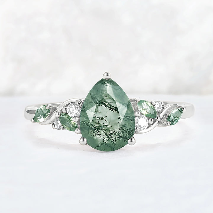 Unique Pear Cut Moss Agate Twisted Gemstone Ring