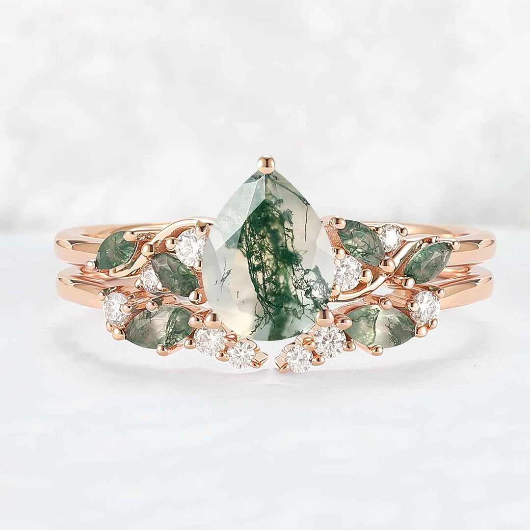 Unique Pear Cut Moss Agate Twisted Gemstone Ring Set 2pcs