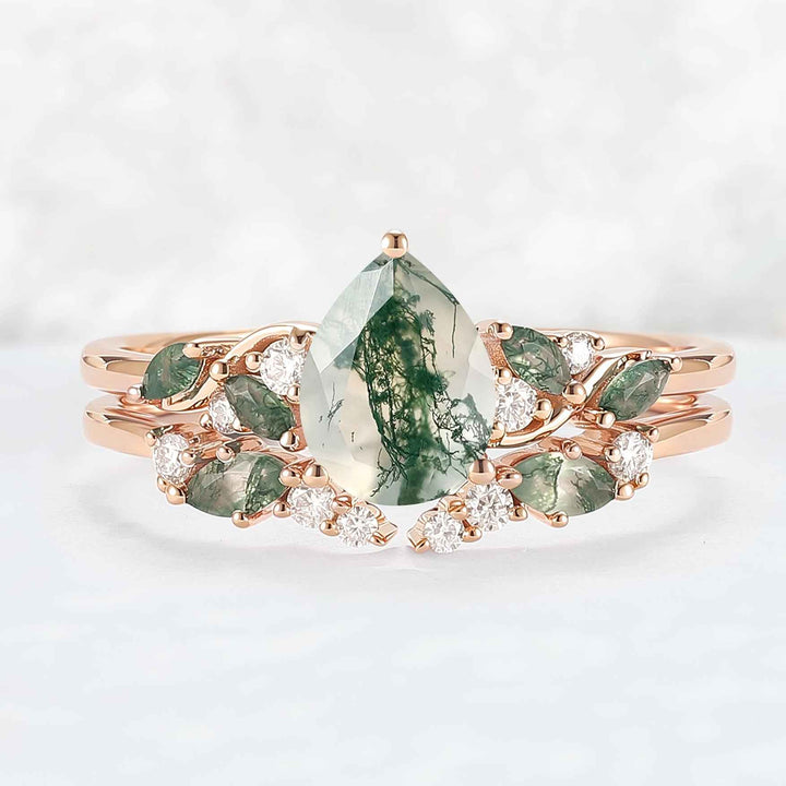 Unique Pear Cut Moss Agate Twisted Gemstone Ring Set 2pcs