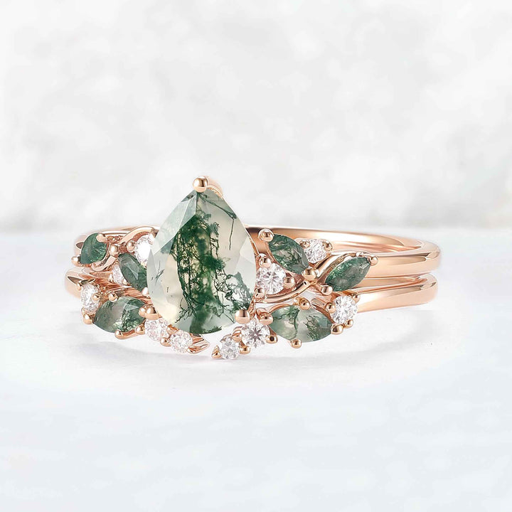 Unique Pear Cut Moss Agate Twisted Gemstone Ring Set 2pcs