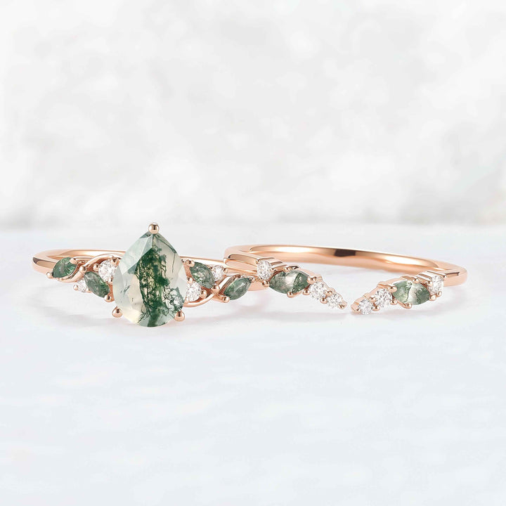 Unique Pear Cut Moss Agate Twisted Gemstone Ring Set 2pcs