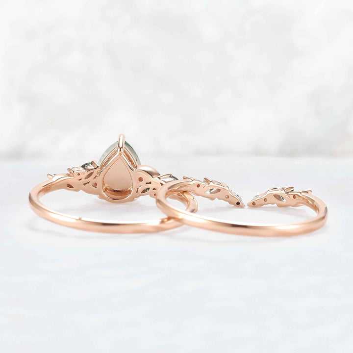 Unique Pear Cut Moss Agate Twisted Gemstone Ring Set 2pcs