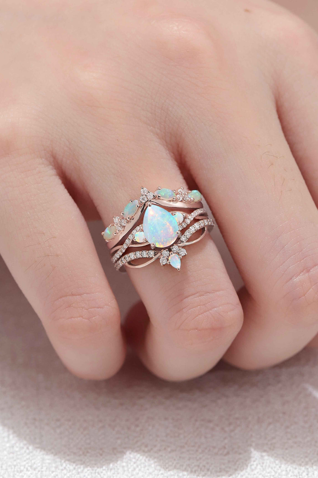 Unique Pear Cut Natural Opal Vine Ring Set 3pcs