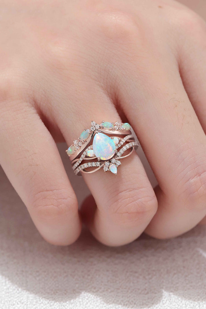 Unique Pear Cut Natural Opal Vine Ring Set 3pcs