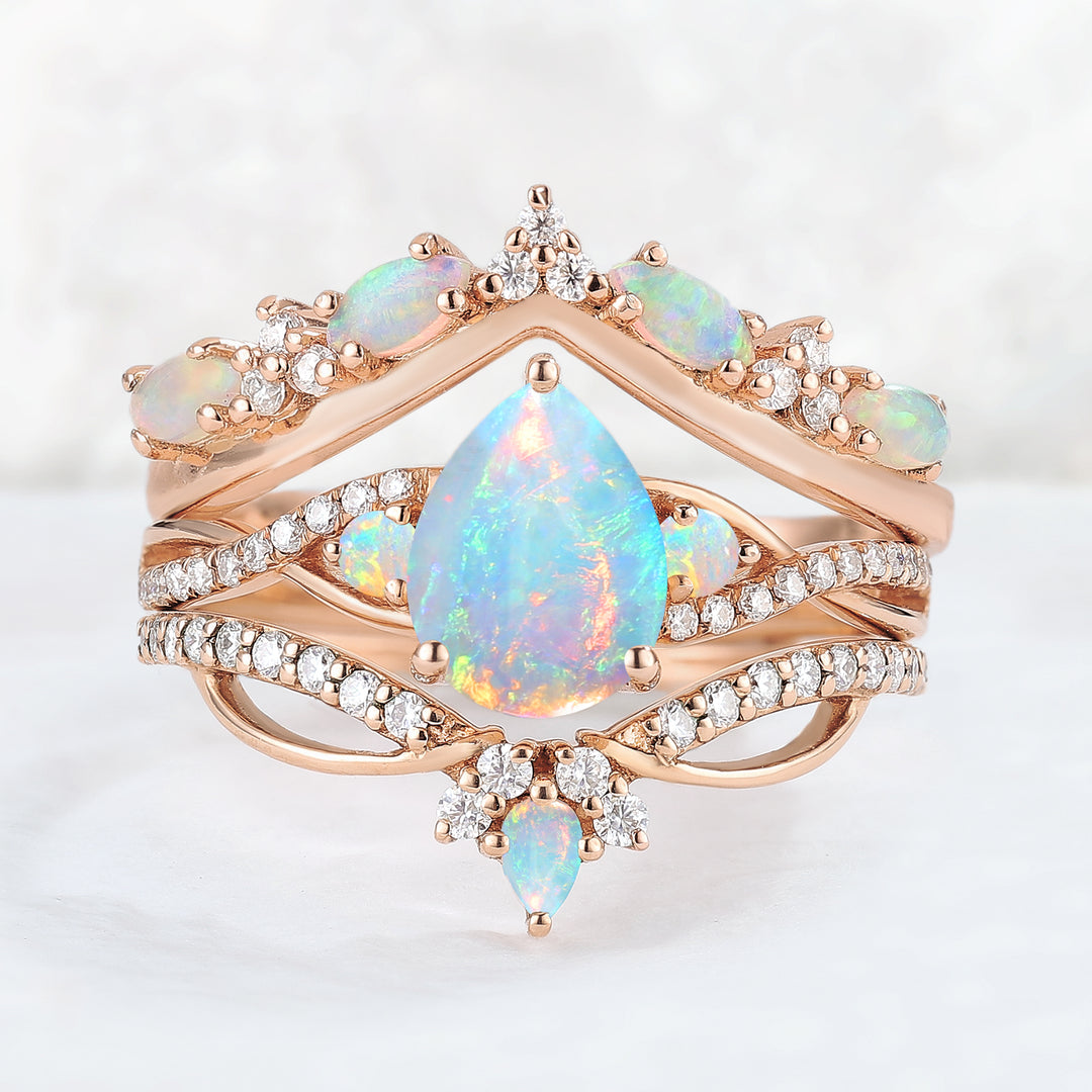 Unique Pear Cut Natural Opal Vine Ring Set 3pcs