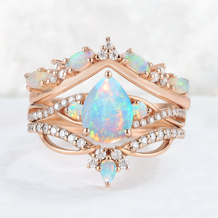 Unique Pear Cut Natural Opal Vine Ring Set 3pcs