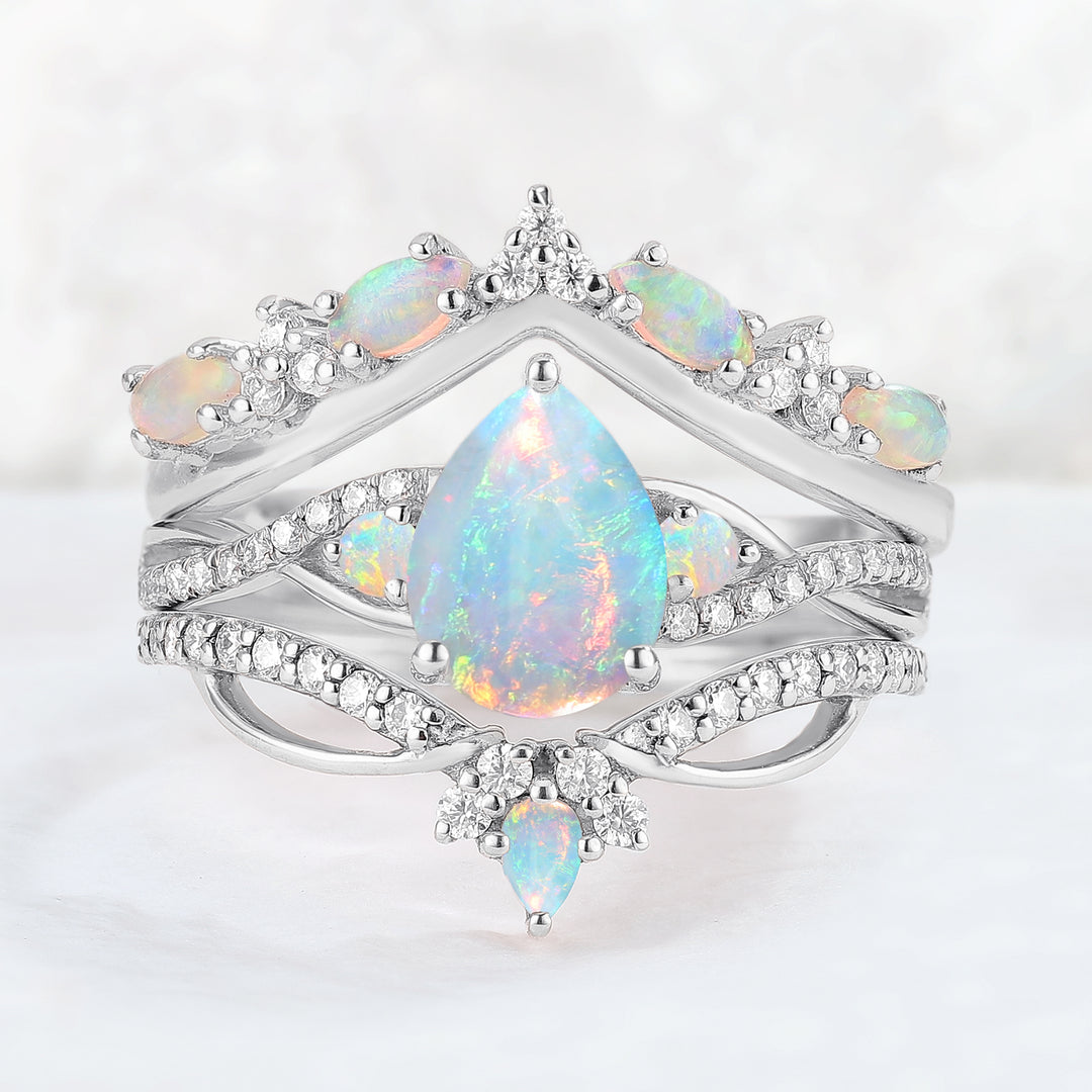 Unique Pear Cut Natural Opal Vine Ring Set 3pcs