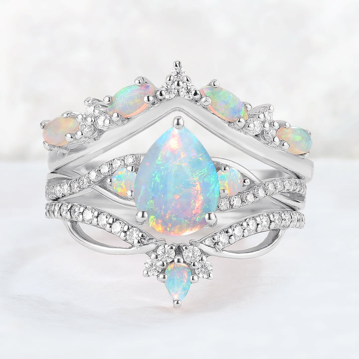 Unique Pear Cut Natural Opal Vine Ring Set 3pcs