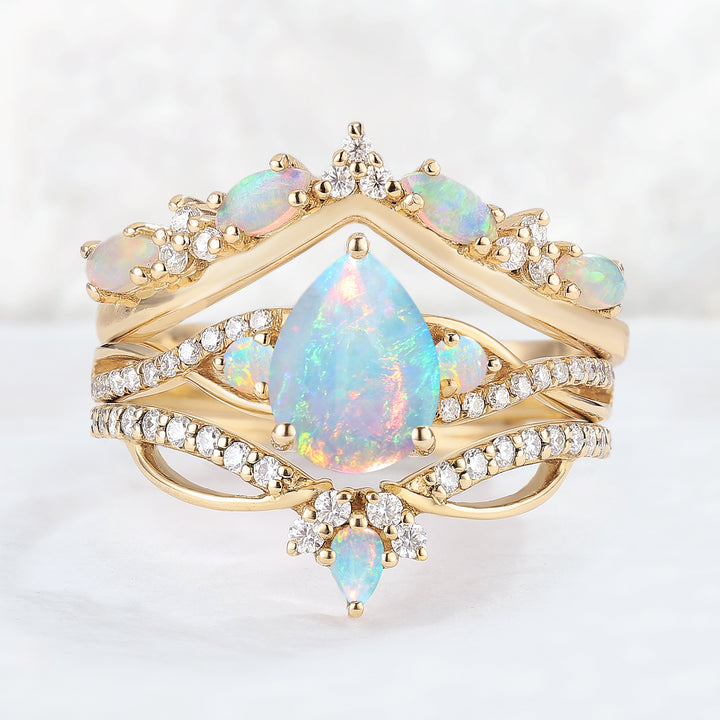 Unique Pear Cut Natural Opal Vine Ring Set 3pcs