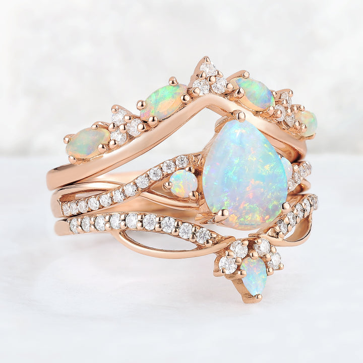Unique Pear Cut Natural Opal Vine Ring Set 3pcs