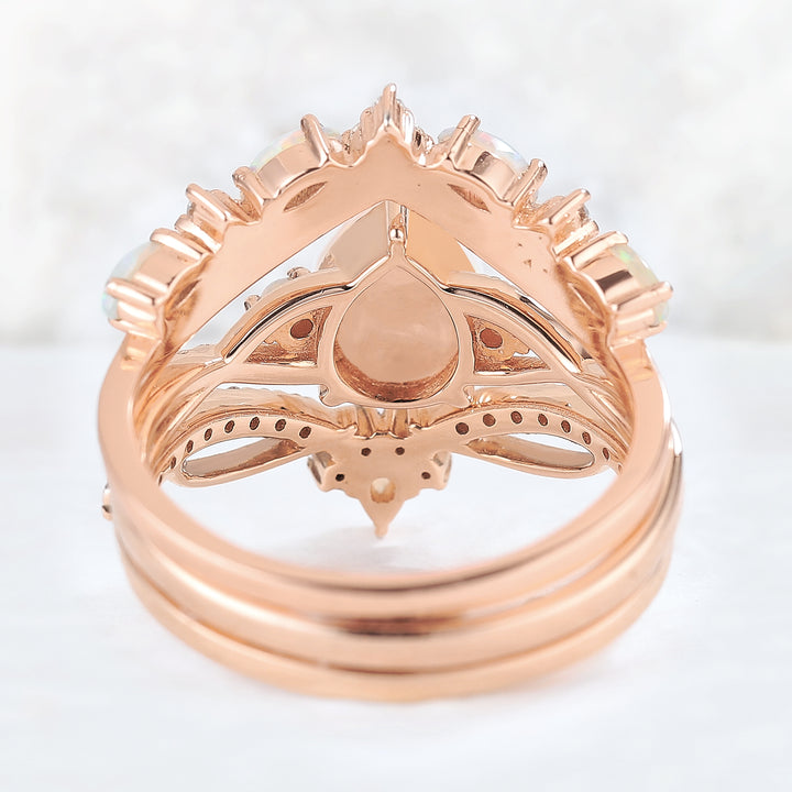 Unique Pear Cut Natural Opal Vine Ring Set 3pcs