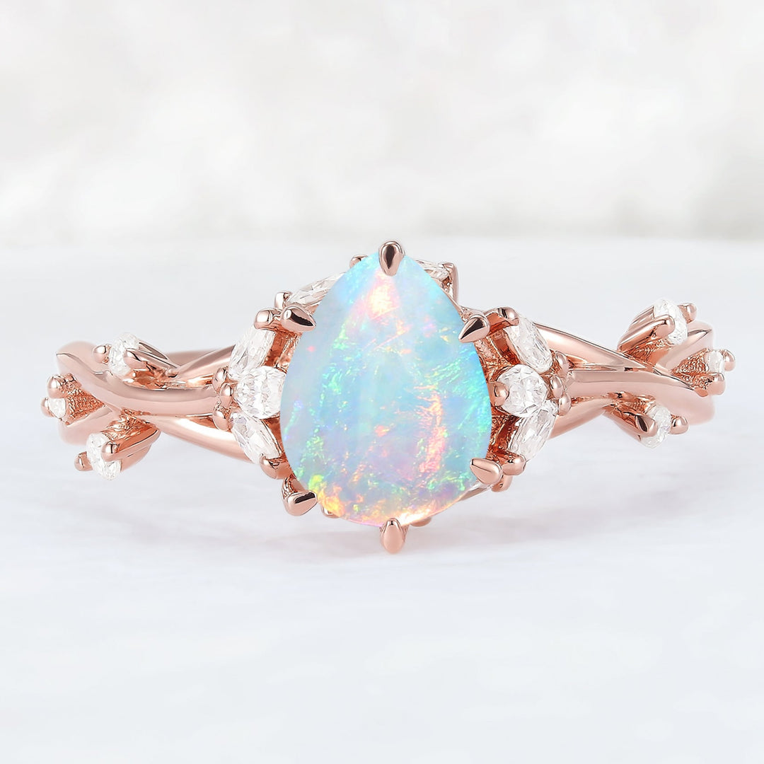 Unique Pear Cut Opal Moissanite Vine Engagement Ring
