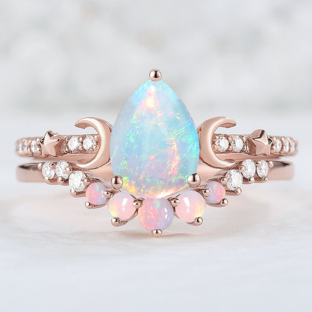 Unique Pear Cut Opal Moon and Star Engagement Ring 2pcs